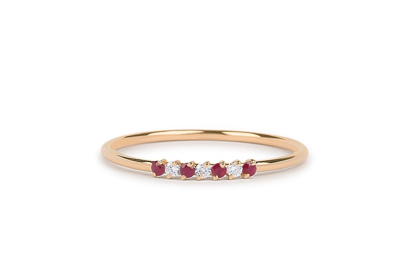 Ruby and Diamond Wedding Band in 14k Gold Stackable Genuine Ruby Ring July Birthstone Rose Gold and White Gold