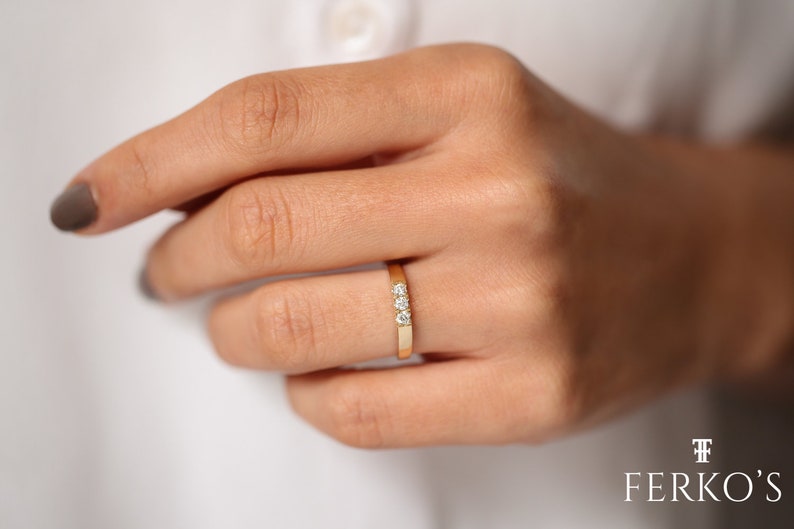 14K Gold 3 Stone Pinky Ring / Pinky Finger Diamond Ring / Minimalist Diamond Ring / Promise Ring / Stackable Ring by Ferkos