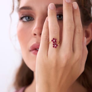 Ruby Statement Ring, 14k Ruby Double Flower Ring, Ruby Gemstone Floral Ring, Pear Shaped Ruby Ring, Diamond Accent Gold Ring, May Birthstone