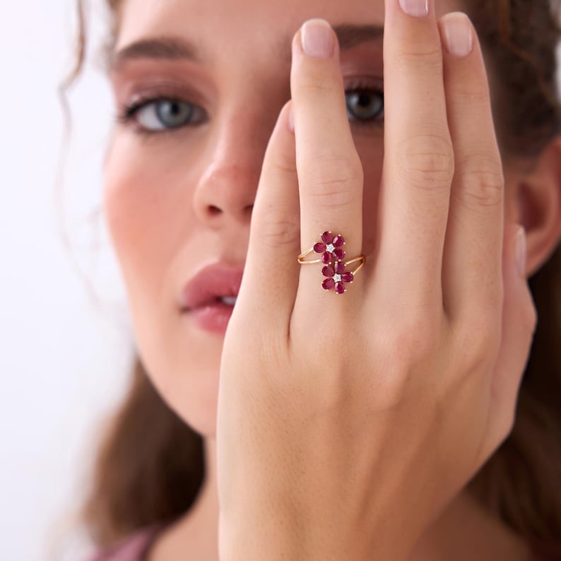 Ruby Statement Ring, 14k Ruby Double Flower Ring, Ruby Gemstone Floral Ring, Pear Shaped Ruby Ring, Diamond Accent Gold Ring, May Birthstone
