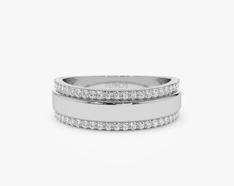14k Gold Diamond Diamond Edge Wedding Band, Unique Stacking