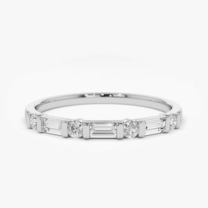 14K White Gold Alternating Baguette and Round Diamond Wedding Ring