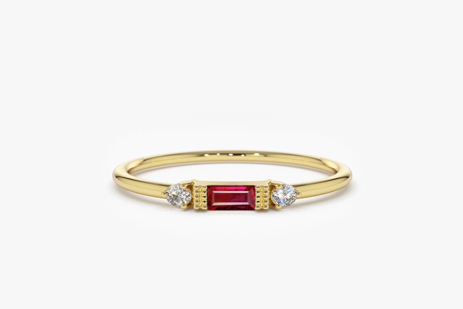 Ruby Ring / Baguette Ruby Ring / 14k Rose Gold Minimalist Ruby Ring / Stacking Three-Stone Round Diamond Ruby Ring / Promise Ring
