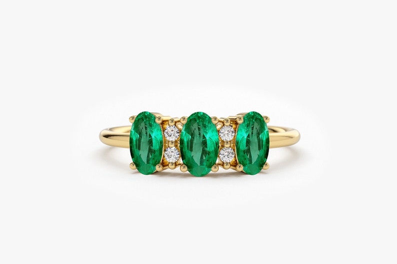 14k Solid Gold Natural Genuine Emerald and Diamond Ring