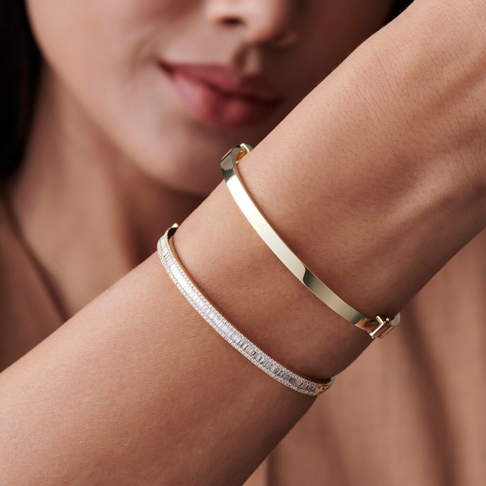 Diamond Bangle Bracelet 14k Gold Half Eternity Baguette and