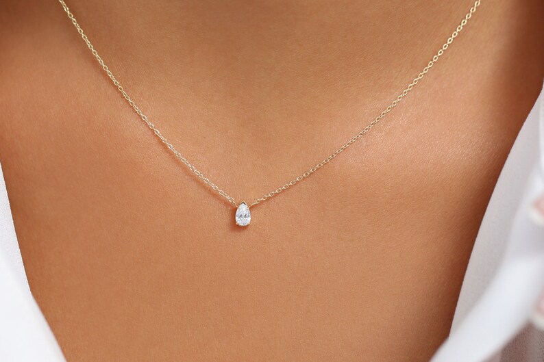Pear Shaped Diamond Necklace/ 14K Gold Pear Shape Diamond Etsy