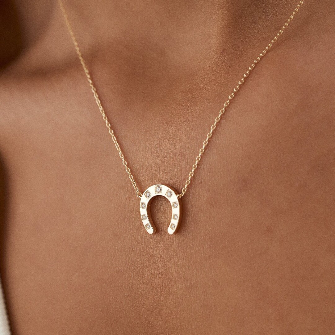 Horseshoe Charm Necklace With Diamonds in 14k Gold / Good Luck Diamond