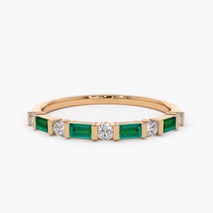 14k Solid Rose Gold Natural Emerald Baguette and Genuine Round Diamond Stackable Womens Wedding Ring