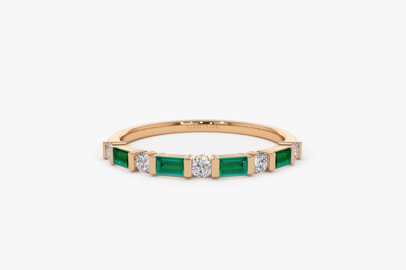 14k Solid Rose Gold Natural Emerald Baguette and Genuine Round Diamond Stackable Womens Wedding Ring