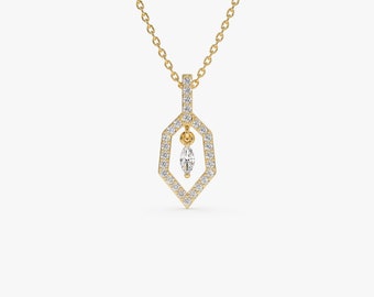 14k Solid Gold Marquise Shape Dangle Diamond Necklace with Halo Setting, Layering DIamond Necklace, Unique Dainty Diamond Necklace for Her
