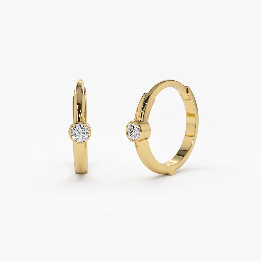 Diamond Hoops Earrings / 14K Gold Single Bezel Set Diamond