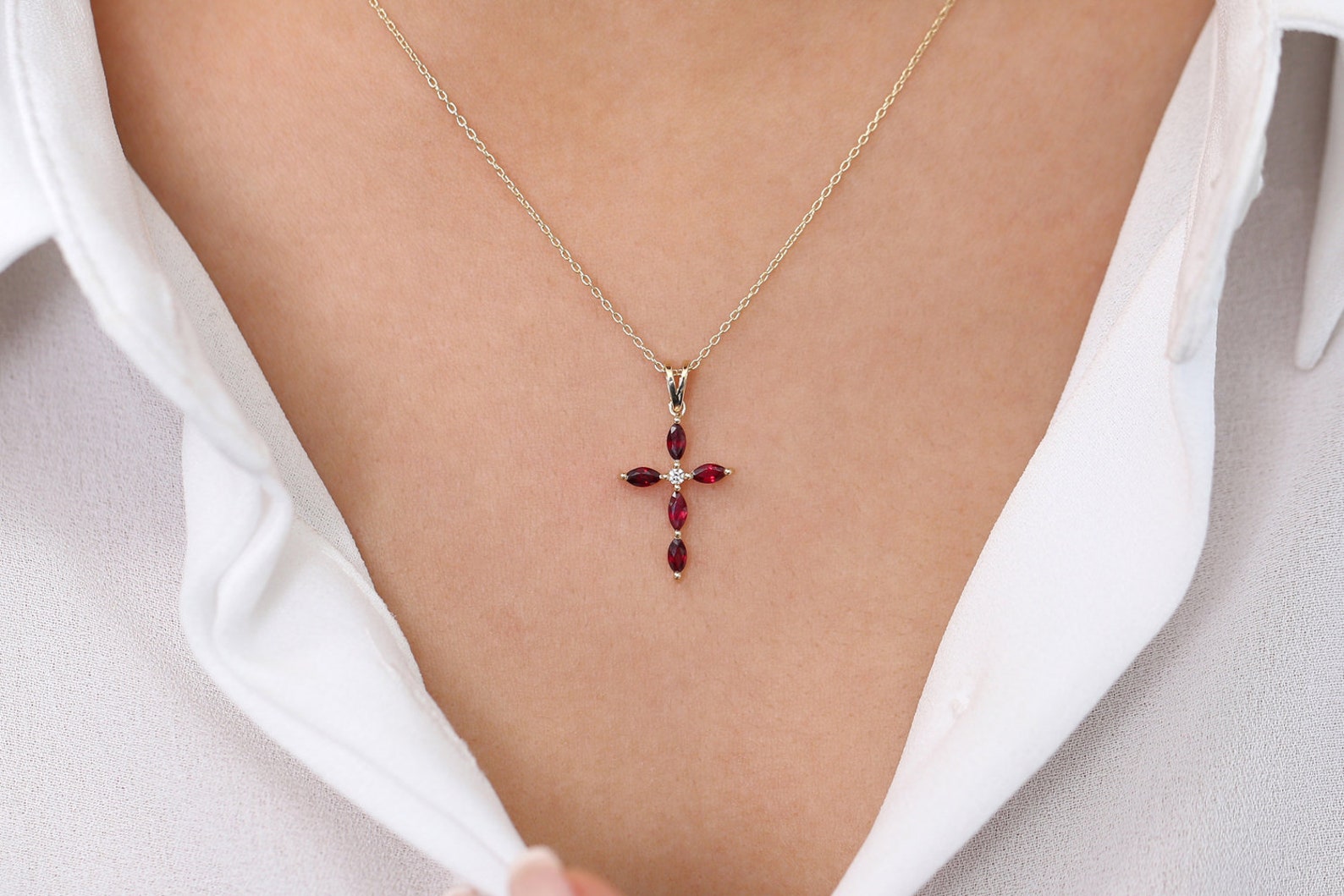 Ruby Cross Necklace / 14k Gold Genuine Ruby and Diamond Etsy