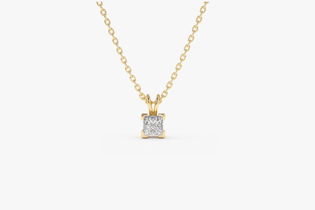Princess Cut Diamond Necklace / 14k Solid Gold Diamond Solitaire ...