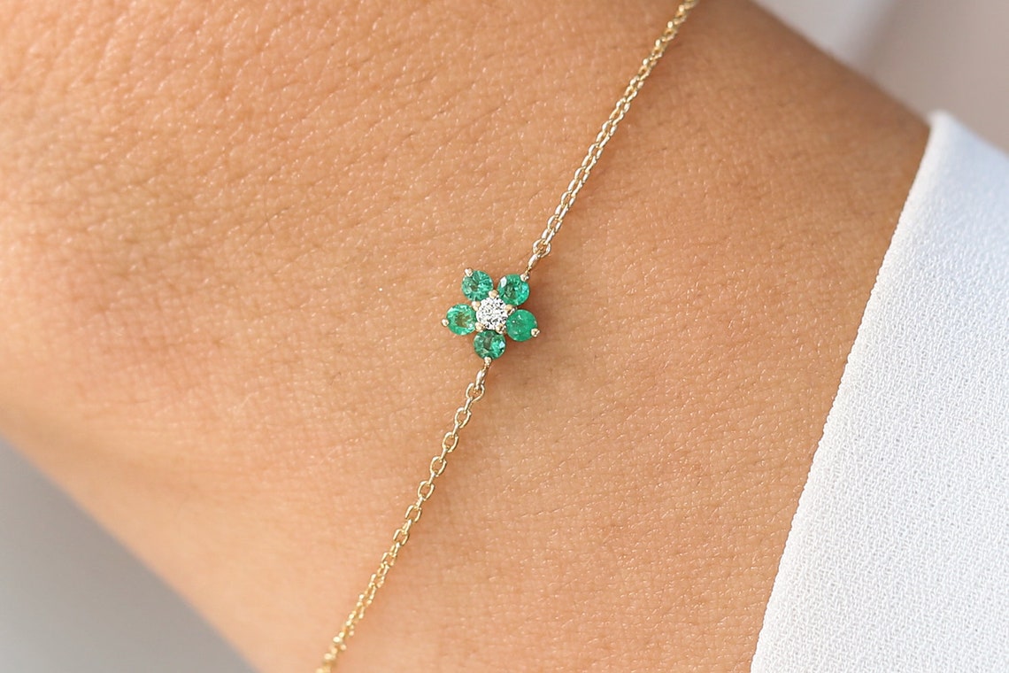 14k Emerald Bracelet / Emerald and Diamond Bracelet for Women Etsy