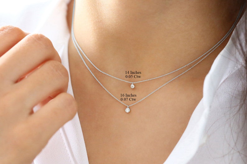 Diamond Bezel Necklace / 14k Rose Gold Dangling Diamond Necklace / Brilliant Cut Real Diamond Necklace / Birthday Gift