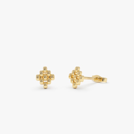 14K Gold Geometric Beaded Stud Earrings, Unique Modern Shape Studs, Minimalist Everyday Earrings, Fine Gold Jewelry Gift