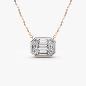 14k Rose Godl F Color VVS Clarity 1.25Ctw Look Emerald Cut Illusion Setting Diamond Necklace
