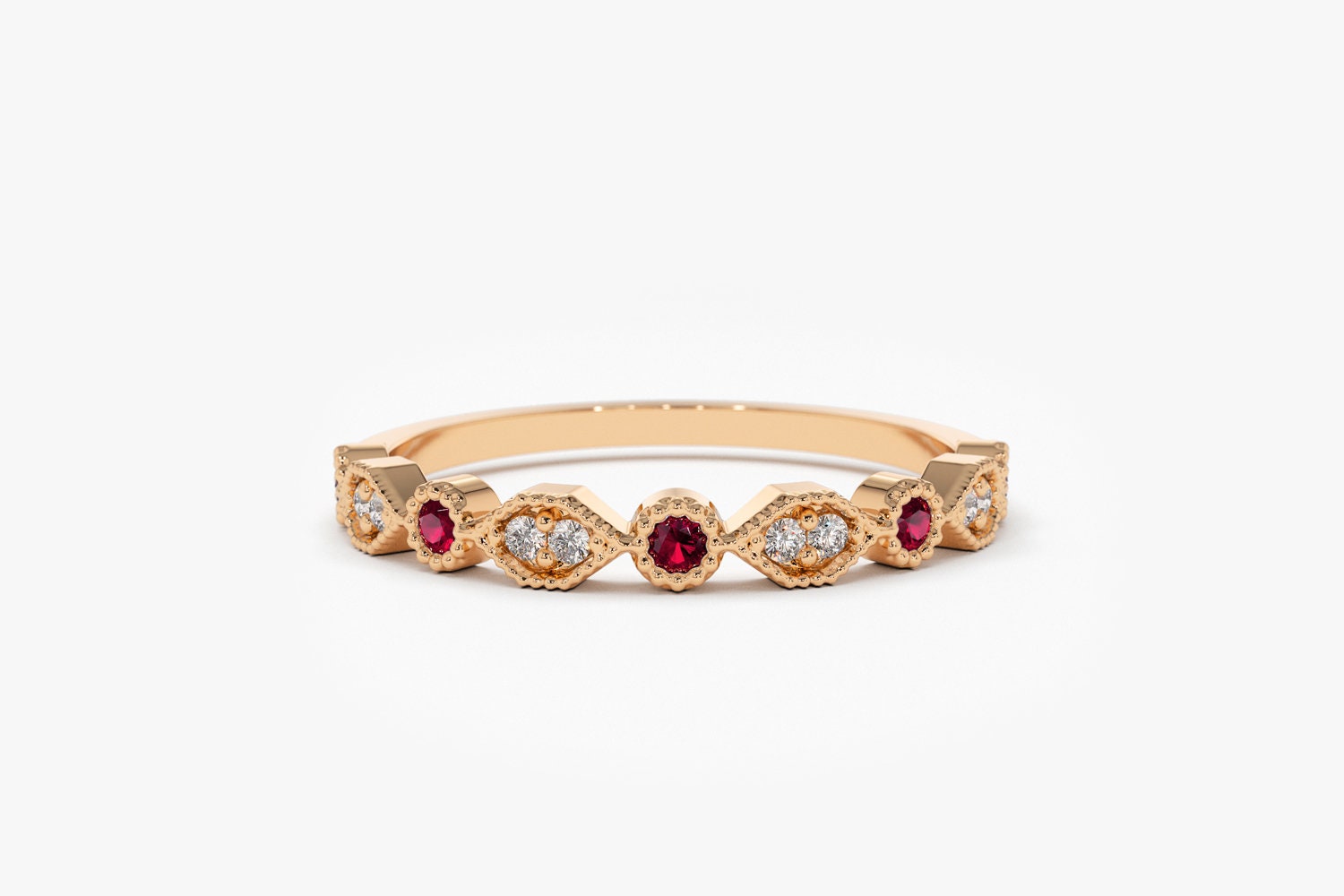 14k Gold Art Deco Ruby and Diamond Half Eternity Womens Wedding Ring ...