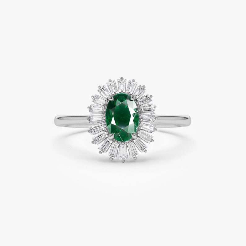 14K Solid White Gold, Halo Emerald ring