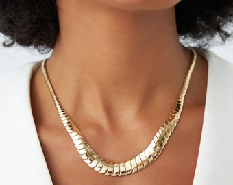 Solid Gold Necklace 14k Gold, Cobra Style Chain Necklace, Laying Herringbone Chain 14K Gold. Bold Snake Chain, Italian Style Chain Necklace