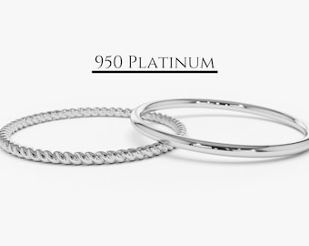 Platinum Wedding Band Set with Twisted Rope Ring / Stackable Set of 1.2MM Thin 950 Platinum Band and Braided Rope Ring