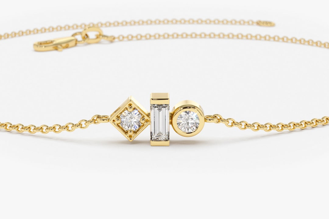 Baguette Diamond Bracelet / 14k Gold Baguette and Round Cut Diamond Bracelet / Minimalist