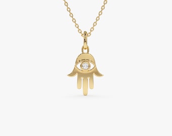 Diamond Hamsa Necklace, 14k Solid Gold Minimalist Protection Hamsa Charm Pendant, Evil Eye Hand of Fatima Necklace, Good Luck Charm Women