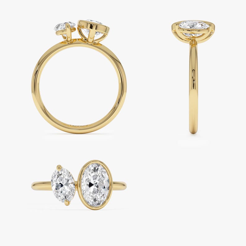 14k Gold 1.50 ctw Oval Shaped Lab Grown Diamond Toi et Moi Ring All Angles