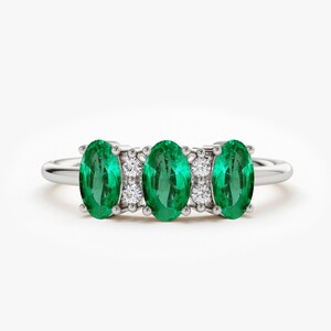 14k Solid White Gold Natural Genuine Emerald and Diamond Ring