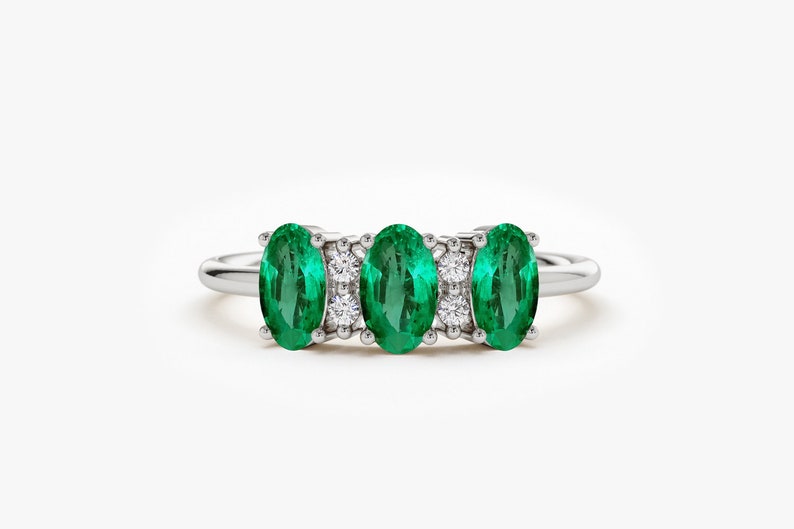 14k Solid White Gold Natural Genuine Emerald and Diamond Ring