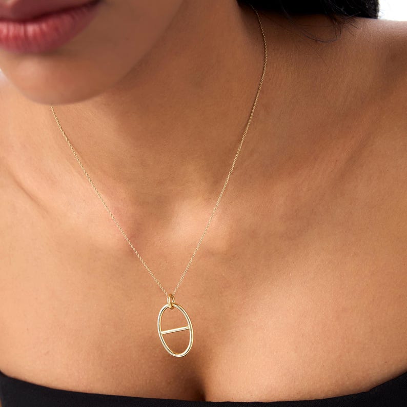 Minimalist Oval Pendant Necklace, 14k Gold Open Circle Necklace, Geometric Gold Necklace, Modern Gold Jewelry Gift for Her