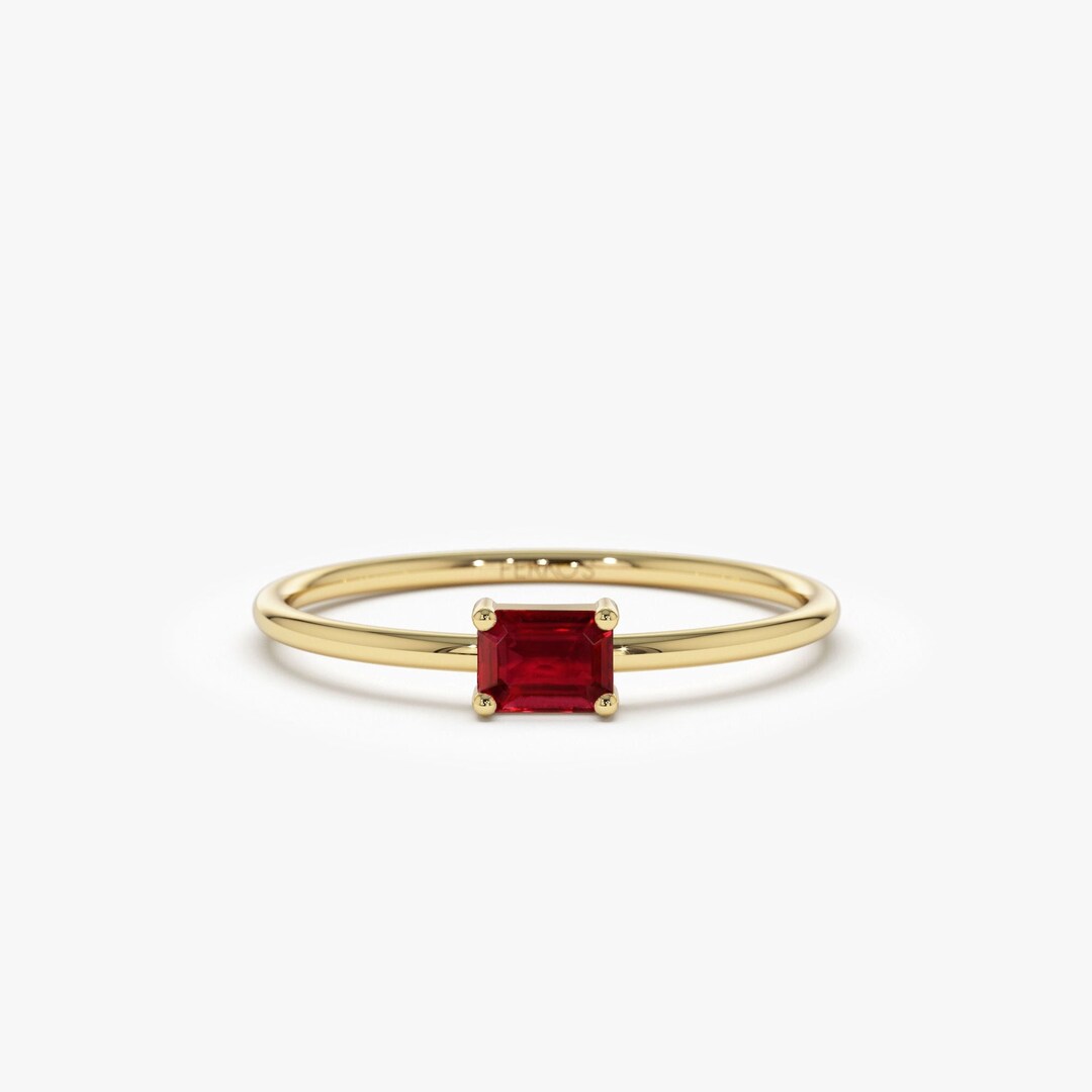 Ruby Ring, 14k Gold Emerald Cut Octagon Ruby Ring, July Birthstone Ring ...