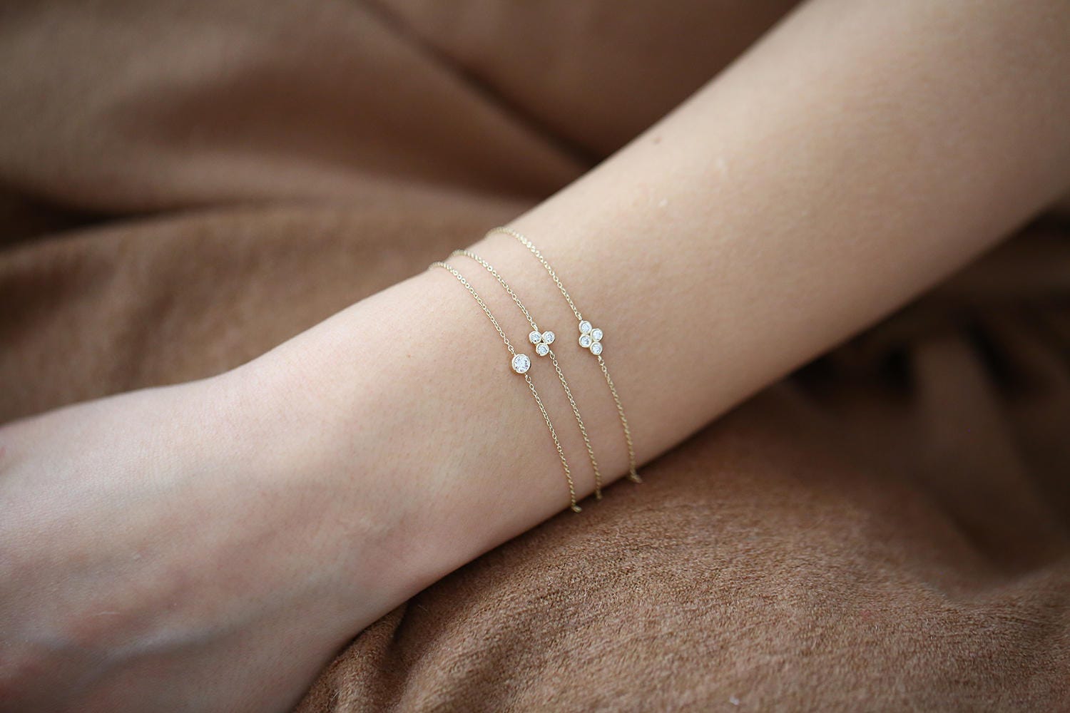 Dainty Gold Diamond Bracelet / 14K Solid Gold Four Stone Etsy