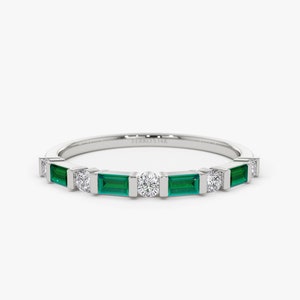 14k Solid White Gold Natural Emerald Baguette and Genuine Round Diamond Stackable Womens Wedding Ring