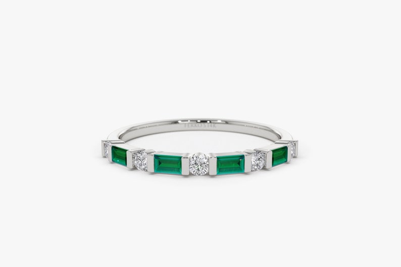 14k Solid White Gold Natural Emerald Baguette and Genuine Round Diamond Stackable Womens Wedding Ring