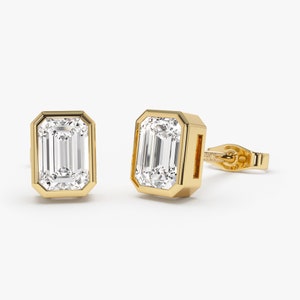 Emerald Cut Diamonds Studs, 1.00 ctw 14k Gold Bezel Setting Emerald Cut Lab Grown Diamond Earrings, Minimalist Emerald Cut Studs, Eliana