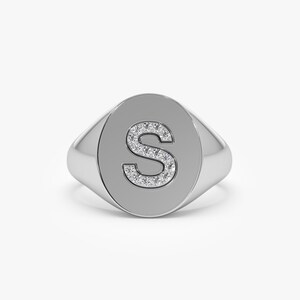 14K White Gold Personalized Oval Shape Diamond Signet Ring