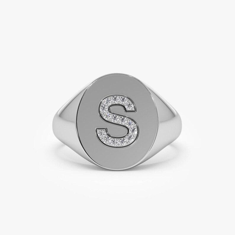14K White Gold Personalized Oval Shape Diamond Signet Ring