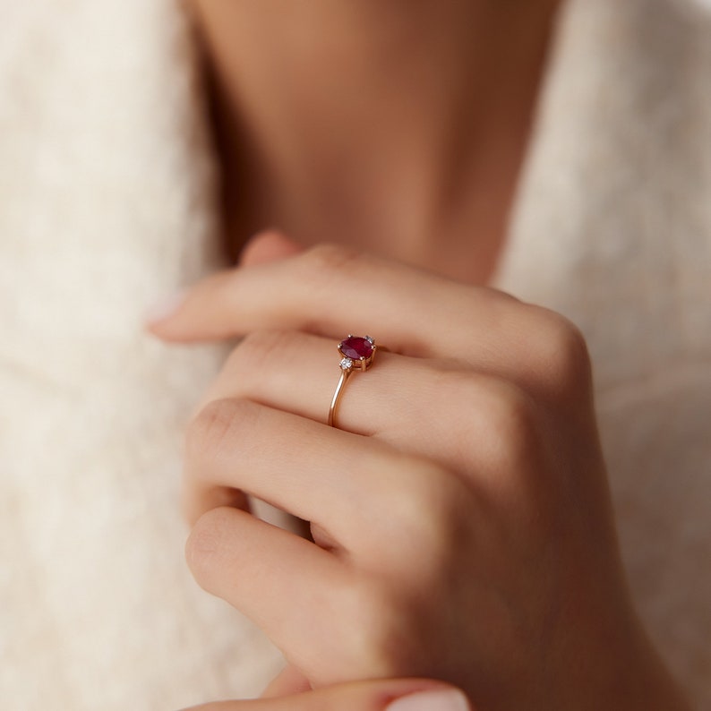 Ruby Ring / Ruby Engagement Ring in 14k Gold / Oval Cut Natural 3 Stone Ruby Diamond Ring/ July Birthstone/ Promise Ring