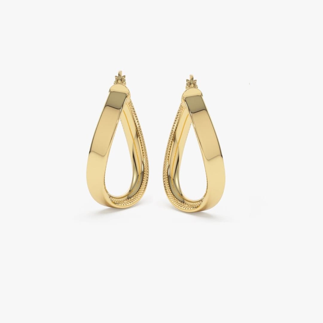 14k Gold Earring / Unique Style Latch Back Gold Hoop Earrings by Ferkos