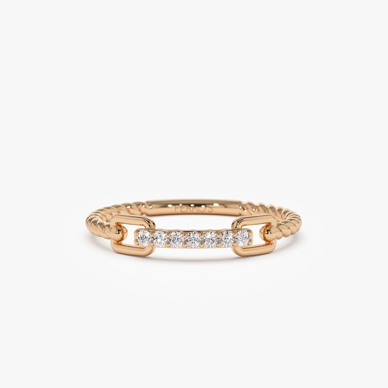 14k Rose Gold Rope Braid Stack Ring with Micro Pave Diamonds