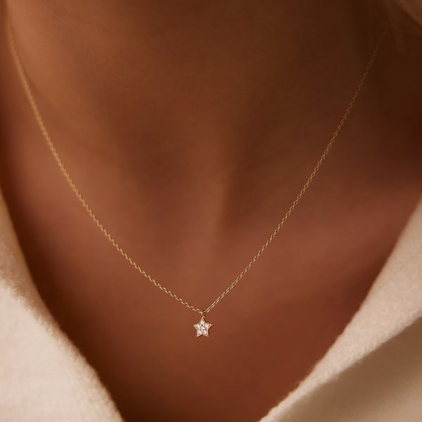 Diamond Necklace / Star Charm Necklace / Tiny Star Diamond Choker / 14k Gold Necklace / Diamond Choker Necklace / Genuine diamond Pendant