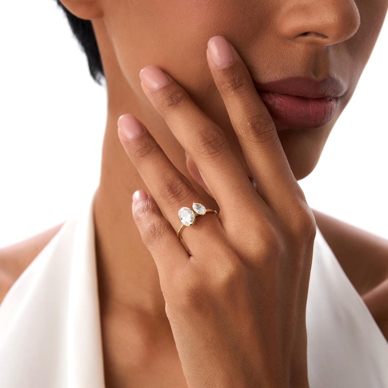 1.50ctw Lab Grown Diamond Toi et Moi Ring, 14k Gold Oval Shaped Unique Modern Lab Grown Diamond ring
