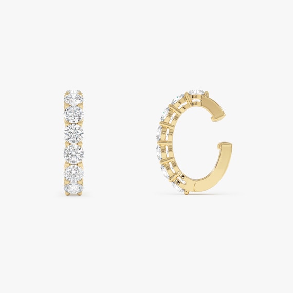 Round Diamond Huggie Hoop Ear cuff in 14k Gold, Lab Grown Diamond Ear Cuff, Hinged Diamond Huggie, Cartilage Hoop, Sold as a Single Ear Cuff