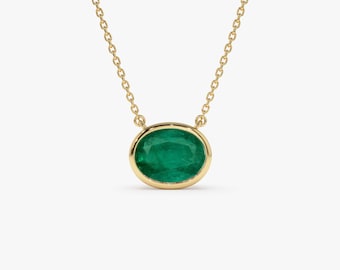 Emerald Necklace 1.55 - 2.20 ctw 14k Gold Oval Shaped Emerald Necklace in Bezel Setting, Natural Genuine Emerald Jewelry May Birthstone Gift