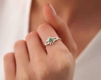 Baguette Diamond Cluster Ring with a Natural Square Princess Cut Emerald in 14k Gold by Ferko's Fine Jewelry