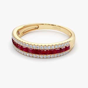 Ruby Ring / 14k Solid Gold Half Eternity Square Ruby and Round ...