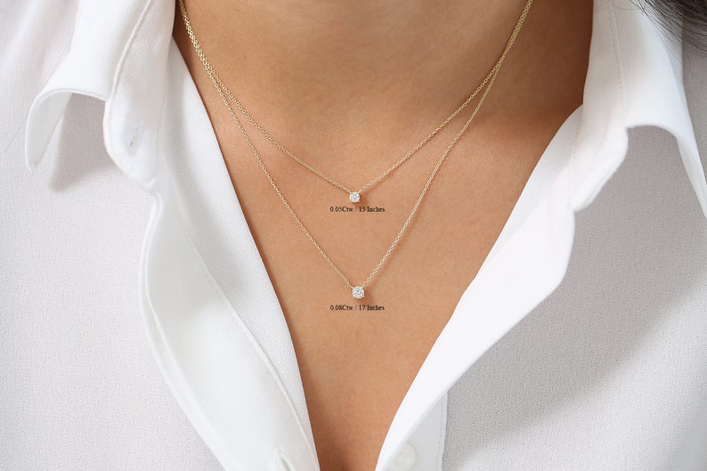 Diamond Solitaire Necklace in 14k Solid Gold / Bridesmaid Gift / Delicate Solitaire Necklace / Floating Diamond / Diamond Layering Necklace