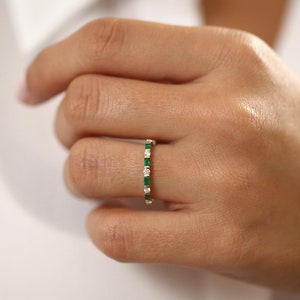 14k Solid Gold Natural Emerald Baguette and Genuine Round Diamond Stackable Womens Wedding Ring by Ferko's Fine Jewelry