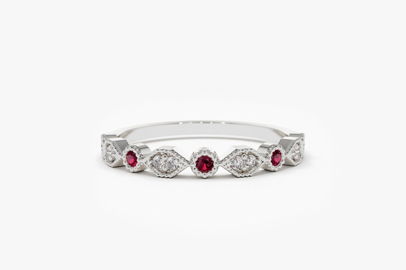 14k White Gold Stackable Ruby Diamond Ring